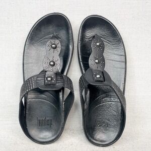 Fitflop Womens 8 Galaxy Toe Thong Sandal Shoe Black Studded Wedge Comfort SlipOn